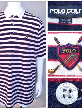 POLO GOLF Vintage Shirt XL Multicolor Stripes SHIELD CREST Ralph Lauren Vtg 90s